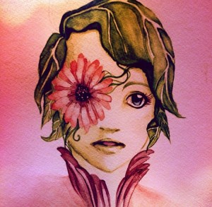 A fantasy watercolor painting of a fairy girl with a flower over her eye