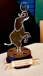 Laser cut 20th Anniversary award shaped like the Grand Cinema elephant