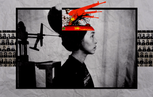 A digital collage depicting a female victim of the Khmer Rouge prison camps. Her head is open and filled with Khmer Rouge paraphenelia