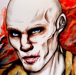 Watercolor painting of Nux from the film Mad Max: Fury Road