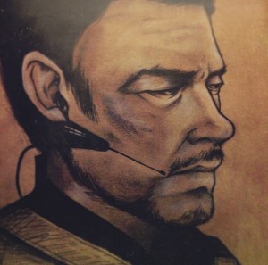 Pencil sketch of Benicio Del Toro on brown paper