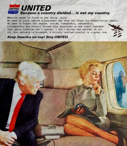 A vintage airline ad remixed to depict Donald Trump and an attractive woman looking out an airplane window towards an explosion