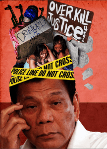A digital collage depicting the face of the Philippine's President Duterte looking indifferent as the victims of his alleged drug war sit atop his head.